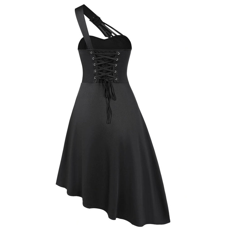 Vintage Gothic Dress For Women 2020 Patchwork Sleeveless Solid Black One Shoulder Lace Up Irregular Dress Ladies Dresses#J3