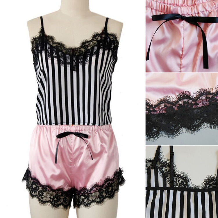 Eyelash Lace Satin Striped Cami With Shorts Women Pajamas Sexy Sleepwear Set Summer Ladies Shorts Set Nightwear