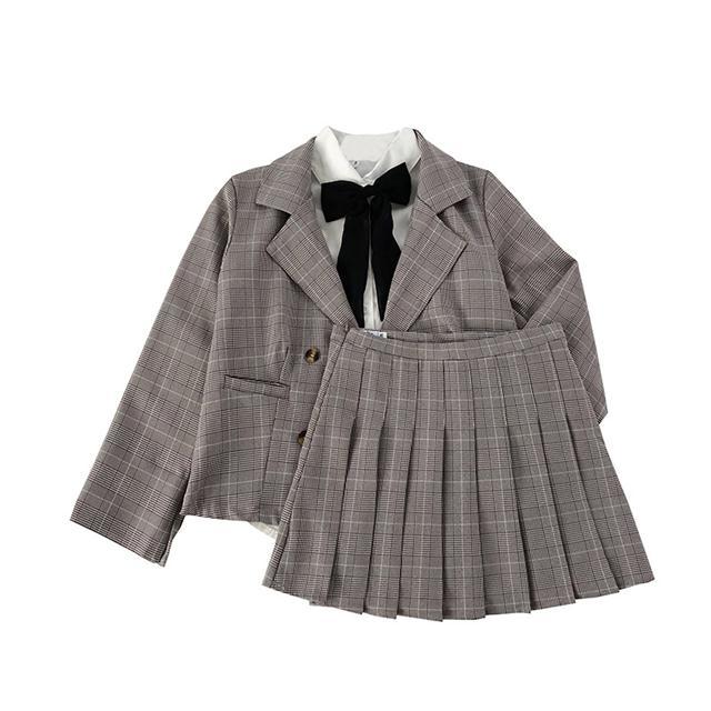Women suit New Korean pleated plaid skirt suit coat solid lace up shirt student suit women skirt jackets women suit blazer