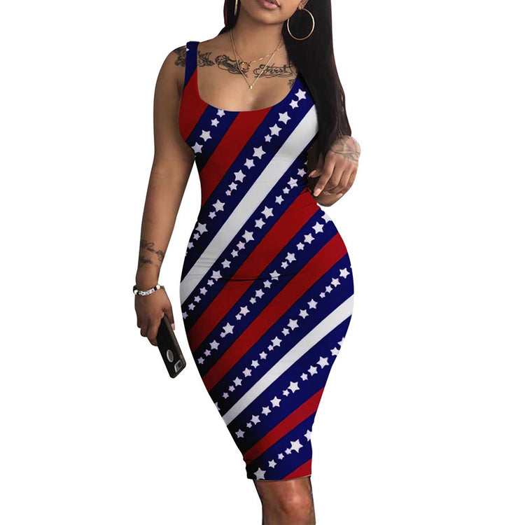 Beach Wear American Flag Print Halter Dresses Bodycon Backless Sleeveless Printing Casual Female Tank Mini dress Mujer