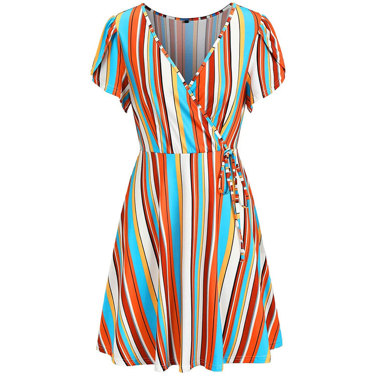 Women's Summer Dress Short-sleeved V-neck Colorful Striped Dress Fashion Casual High Waist Mini Dress Vestido De Las Señoras#E