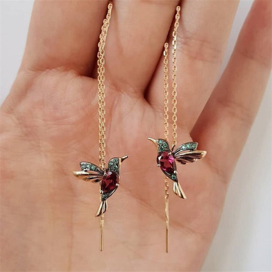 1 Pair Unique Long Drop Earrings Bird Pendant Tassel Crystal Pendant Earrings Ladies Jewelry Design 2 Colors Hummingbird Earring