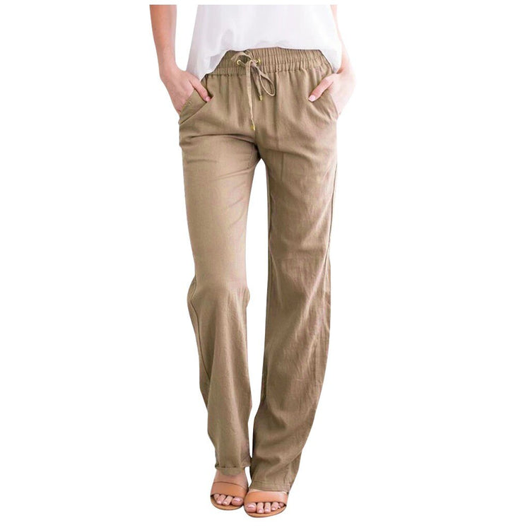 Feitong Straight Pants Women Summer Wide Leg Pants Casual Cotton Linen Khaki Trousers Solid Drawstring Elastic Waist Long