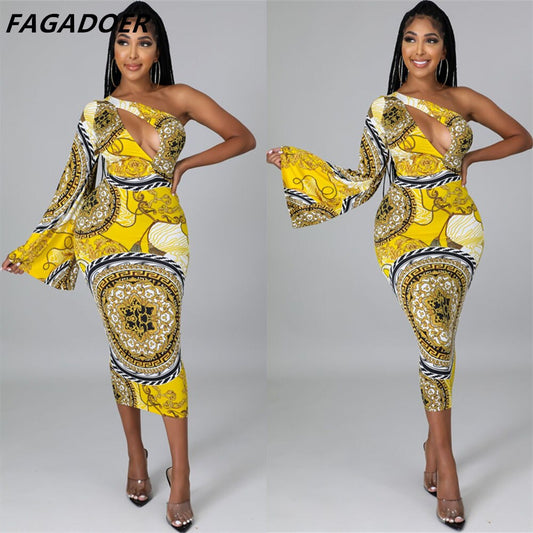 FAGADOER Vintage Print Bodycon Dress Sexy One Shoulder Pagoda Sleeve Hollow Out Midi Dresses Elegant Club Party Vestidos 2021