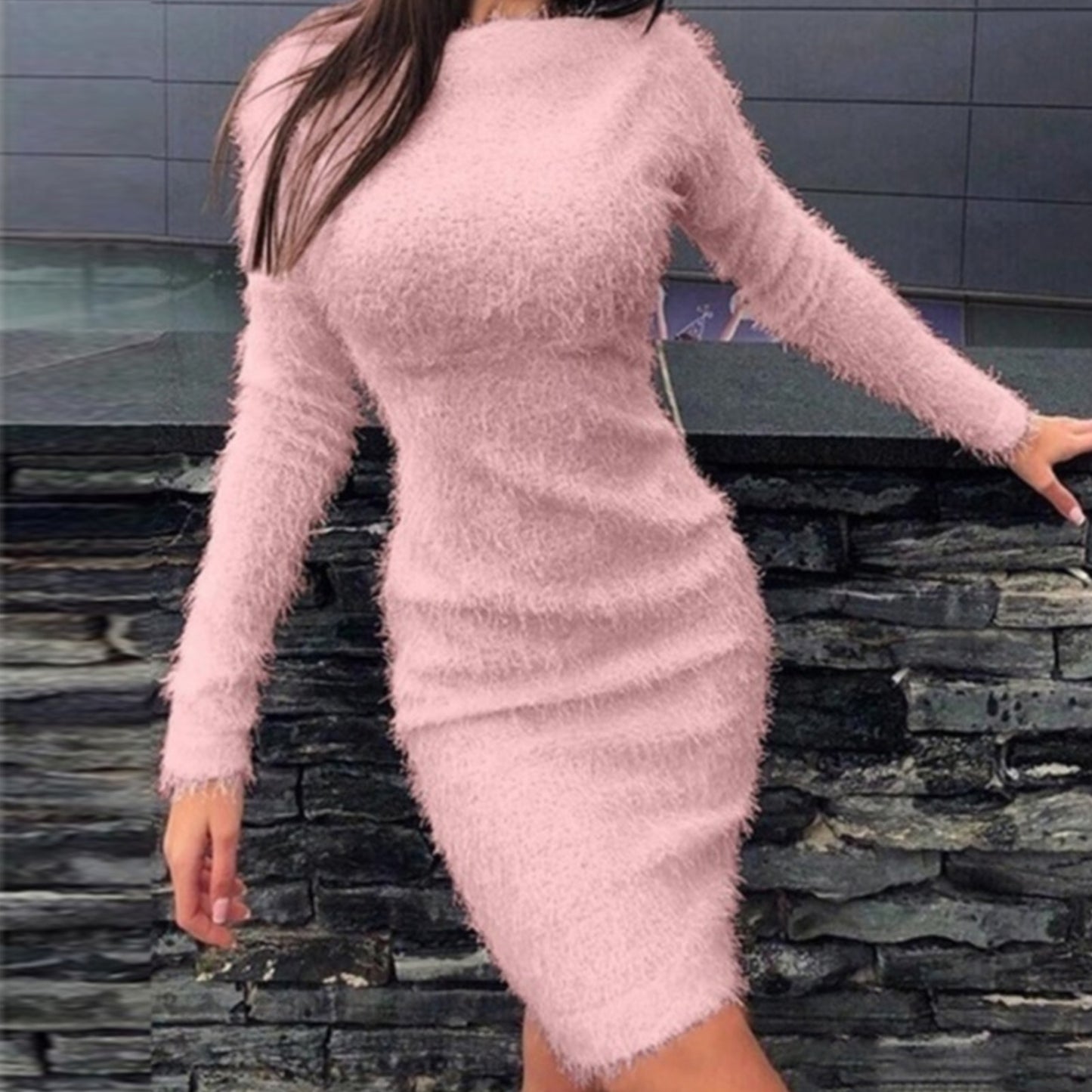 Hot Plus Size Women Dress Autumn Winter Solid Color Long Sleeve Sweater Fluffy Kee-length Bodycon Dress платье