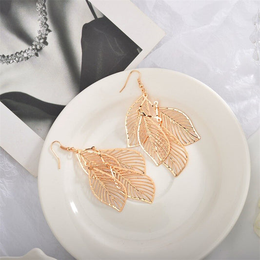 1 Pair Earrings Leaf Design Fashion Simple Multi-layered Leaves Openwork Earring For Women Party Wedding Jewelry Gift
