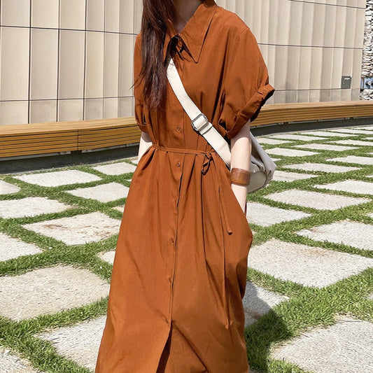 Korean Style Summer Lapel Maxi Dress Single Breasted Loose Casual Pocket Knee Shirt Dress