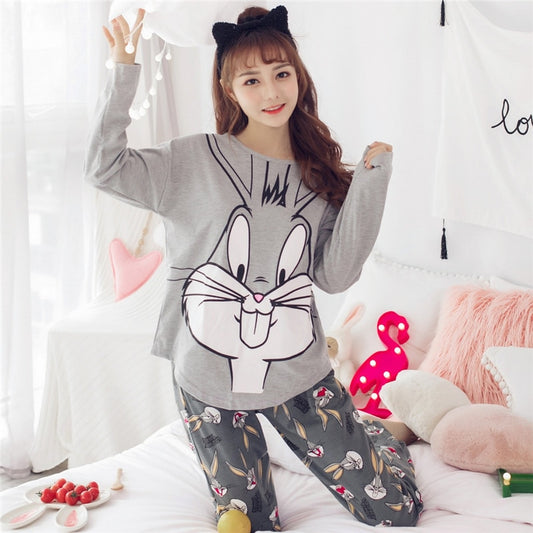 Two Piece Set Winter Pajamas Pink Bugs Bunny Printing Indoor Clothing Home Suit Sleepwear Woman Pijama Mujer Femme