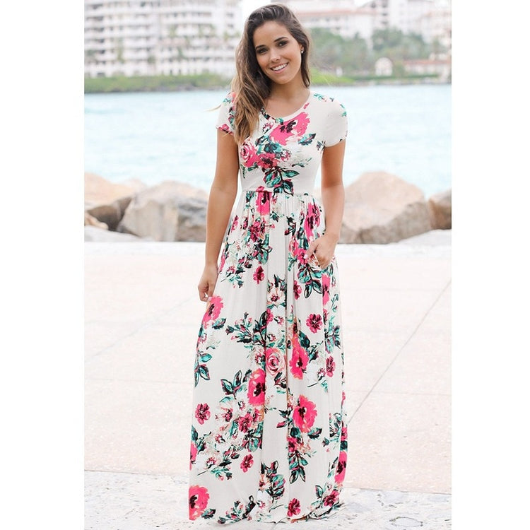 Women Long Maxi Dress 2021 Summer Floral Print Boho Beach Dress Short Sleeve Evening Party Dress Tunic Vestidos Plus Size XXXL