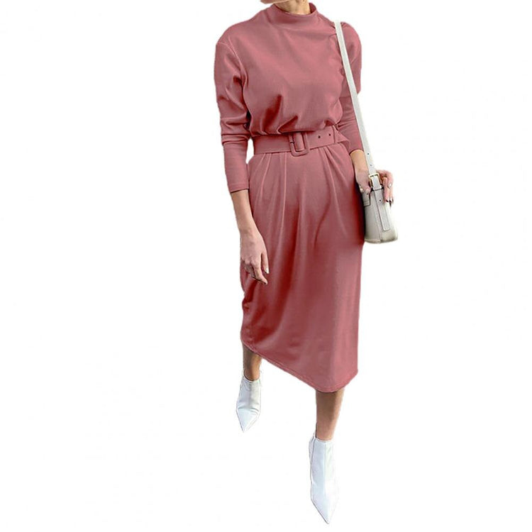 Autumn Winter Women Fashion Dress Solid Color Long Sleeve Mock Neck Belt Knitted Midi Dress Plus Size Female Casual Vestidos