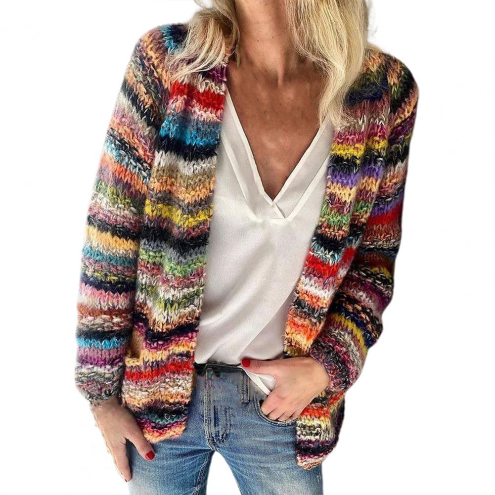 Women Sweater Rainbow Stripes Temperament Autumn Winter Long Sleeve Knitted Cardigan Coat for Office
