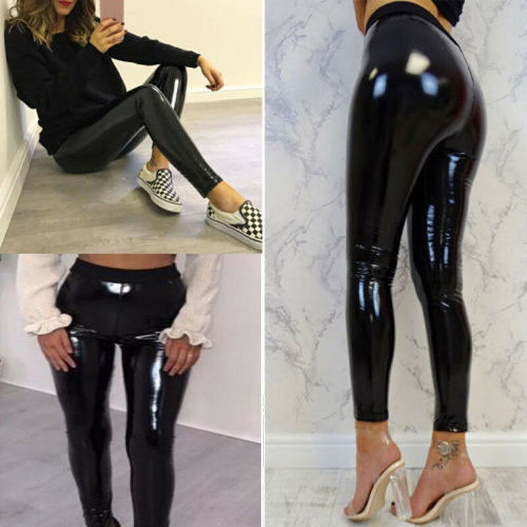 Fashion Women Sexy Vinyl PVC Wet Look Shiny Thermo Disco Elasticated Ladies High Waist Pencil Leggings Black Slim Pant Jeans