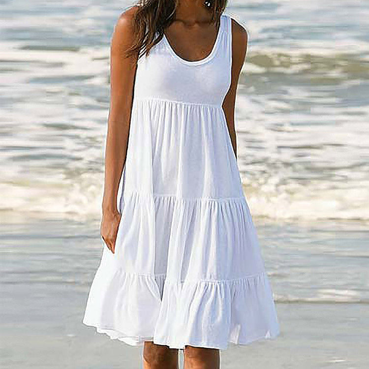 Ladies White Dresses Vestidos De Mujer Casual Women's Summer Sleeveless Beach Dress Fashion Casual Ruffles Light Dresses Vestido