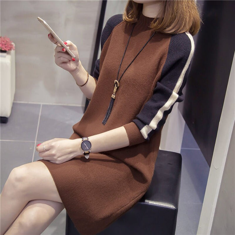 Patchwork Knitted Dress Autumn Winter Clothes Korean Elegant Loose Long Sleeve Large Size Ladies Sweater Dresses Plus Size