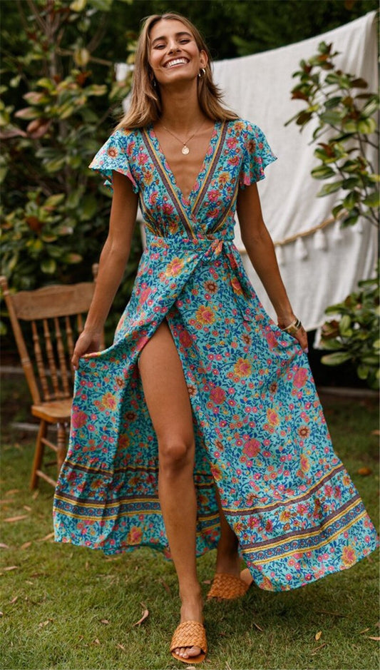 Summer Women Short-sleeved Dress V-neck High Waist Floral Print Beach Midi Casual Dresses Sexy Sundress Vestidos 2021