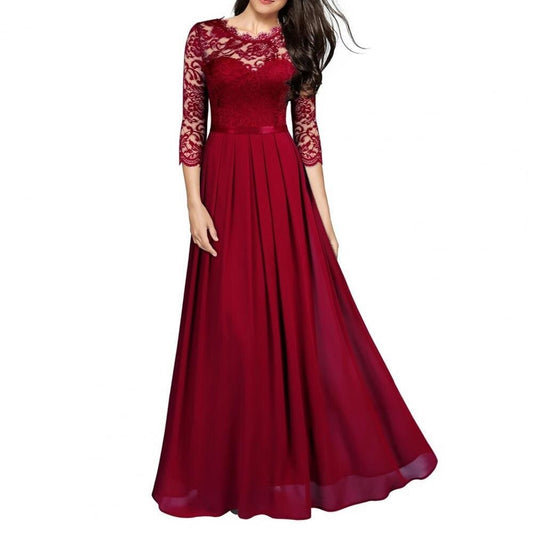 TULX Elegant Women Maxi Dress Solid Color Stitching Lace Hollow Pleated Large Hem O Neck A-Line Wedding Banquet Dresses Party