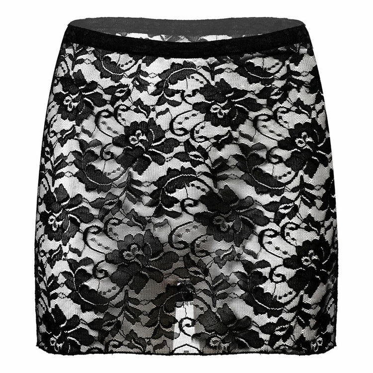 Women Flower Pattern See-Through Lace Skirt Mid Waist Elastic Waistband Sheer Miniskirt Nightwear