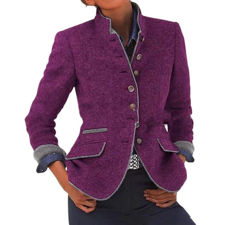 Coat Women Long Sleeve Button Stand Collar Autumn Winter Slim Woolen Coat Jacket