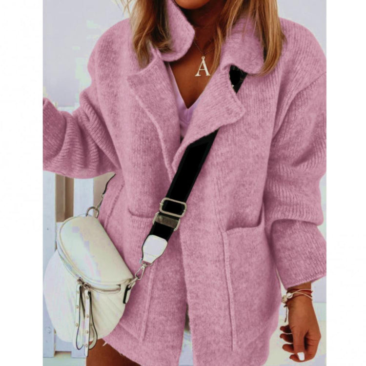 2021 Women Lapel Chic Long Sleeve Pockets Knit Coat Cardigan Thick Streetwear Jacket Spring Autumn Thick Streetwear Coats traf