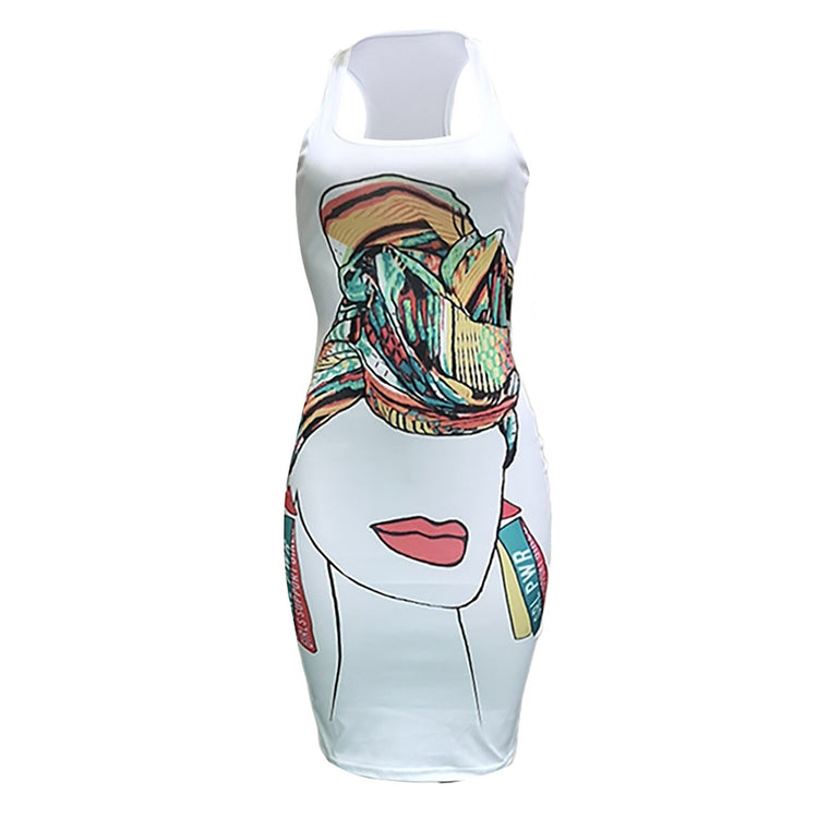 Fashsiualy Cartoon Face Woman Summer Dresses 2021 Sheathed Fashion Cool Abstract Printing  Pullover Casual Vest Tight Sexy Dress