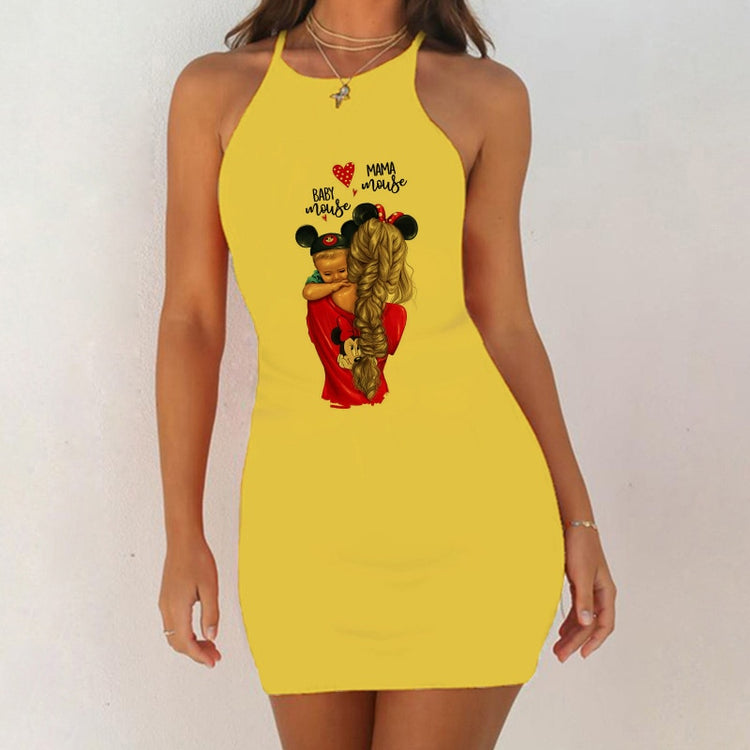 Cartoon Super Mom Love Print Dress Sexy Clothes Summer Dresses Women Strapless Party Bodycon Dress O-Neck Mini Yellow Vestidos