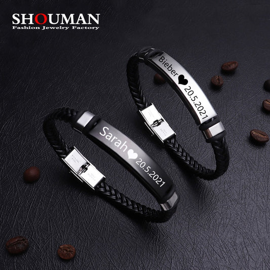 SHOUMAN Personalized Leather Bracelet Engrave Name Date Logo Black Braid Woven Stainless Steel Men Bangle Women Jewelry Gift