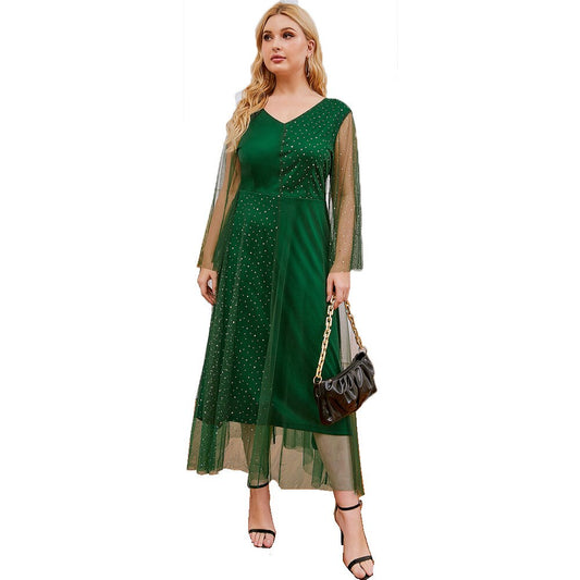 Popodion Evening Dresses Green Formal Dresses Rhinestone Party Dress Africa Dress Women Elegant Long Sleeve ROM80229