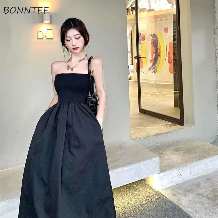 Dress Women High Waist A-line Slim Summer Party Elegant Trendy Backless Off Shoulder Korean Style Casual Princess Vintage Solid