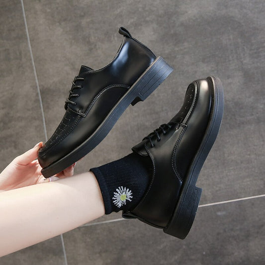 2021 Autumn British Style Girls Student Shoes Fashion Office Black Leather Women Oxfords Lace Up Loafers Flats Plarform Shoes