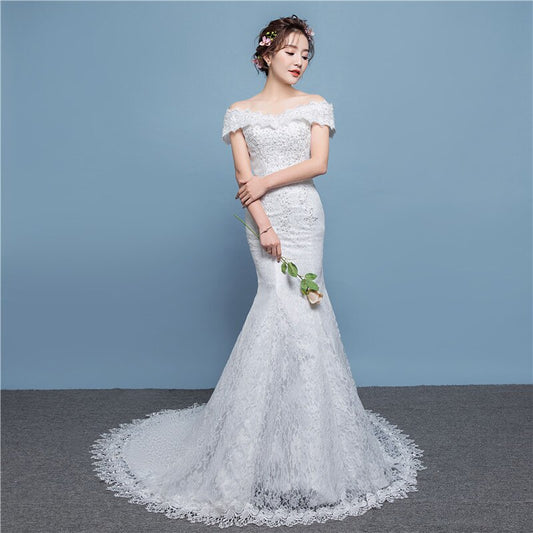 Wedding Dresses Illusion V-Neck Short Tulle Lace Off The Shoulder Embroidery Sequined Floor-Length White Women Bride Gown GB179