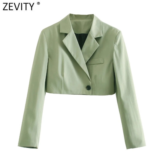 Zevity New Women Vintage Long Sleeve Solid Short Slim Blazer Coat  Female High Street One Button Outerwear Chic Crop Tops CT719