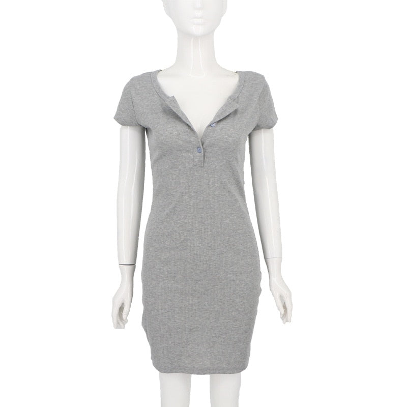Summer Button Short Sleeve Mini Bodycon Dress 2021 Round Neck Office Lady Workwear Vestidos WDC7393
