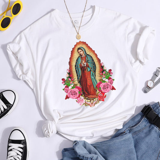 2021 Women T-Shirts Virgin Mary Of Guadalupe Clothing Fashion Oversized Shorts Sleeve Tops Black Color Vintage Woman T Shirts