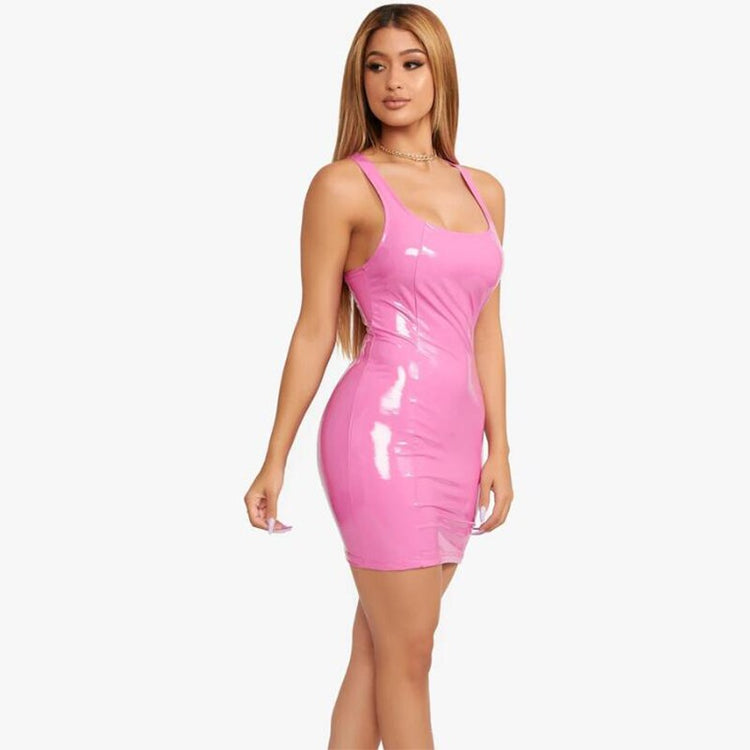 Sexy Pink PU Leather Bodycon Dress New Summer Women Sleeveless Low Cut Back Zipper Elastic Mini Dress Party Club Dresses Vestido