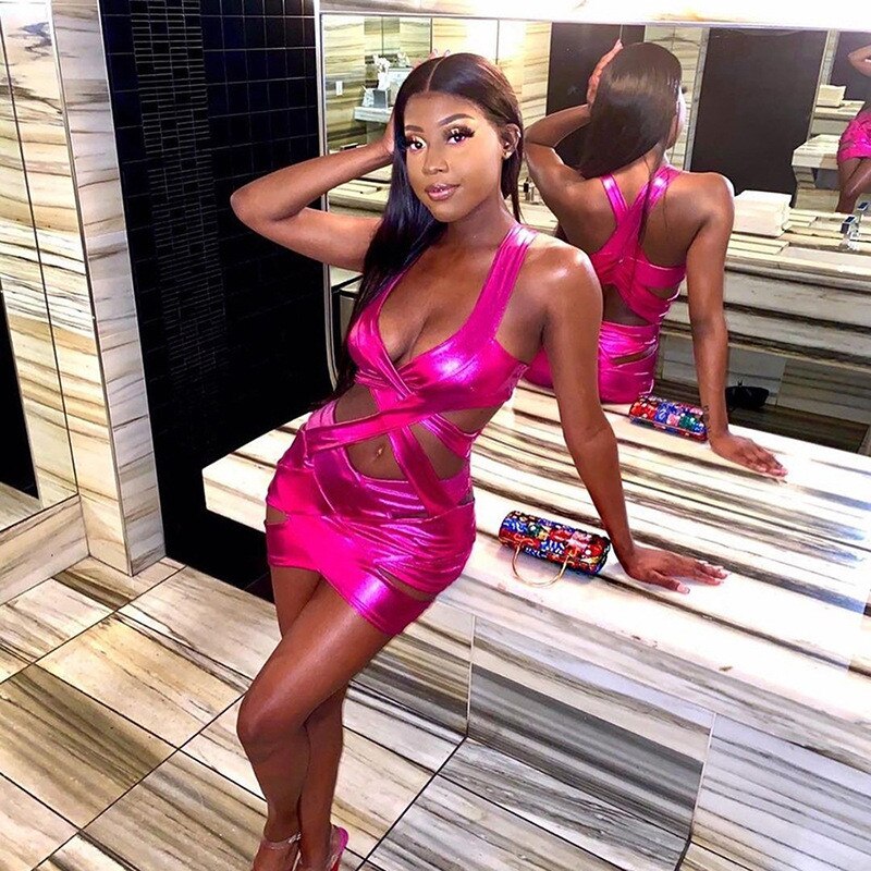 Backless Halter Party Sexy Women Dress Deep V-neck Ruched Bandage Clubwear Hollow Out Off Shoulder Night Bodycon Mini Dresses