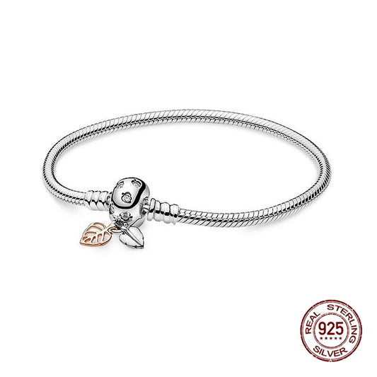 925 Sterling Silver Fit Original Pandora Charms Golden deciduous garden Bracelet Simple Snake Bone Chain  Hanging Bracelet