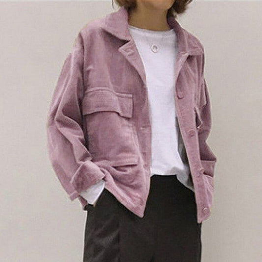 new fall Women baseball Corduroy Jacket Top loose lapel Shirt Coat Casual Vintage Oversize solid color cool short jackets New