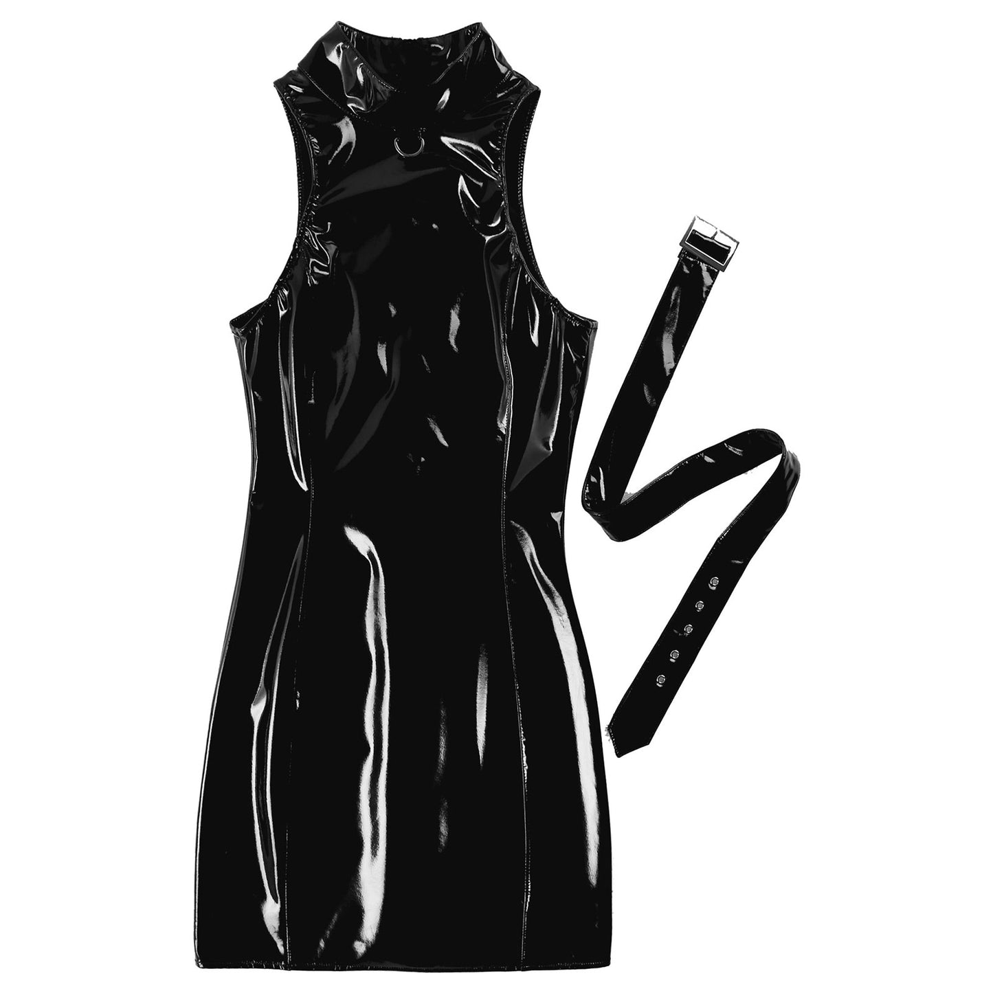 Womens Sexy Clubwear Rave Evening Party Sleeveless Dress Wet Look Leather Back Zipper Closure Bodycon Mini Dress with Belt