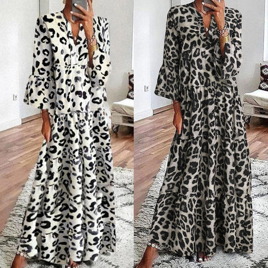 #H40 Hepburn Style Women Long Maxi Dress V Neck Leopard Print Flare Sleeve Summer Dress Ladies Vintage Beach Party Dress Vestido