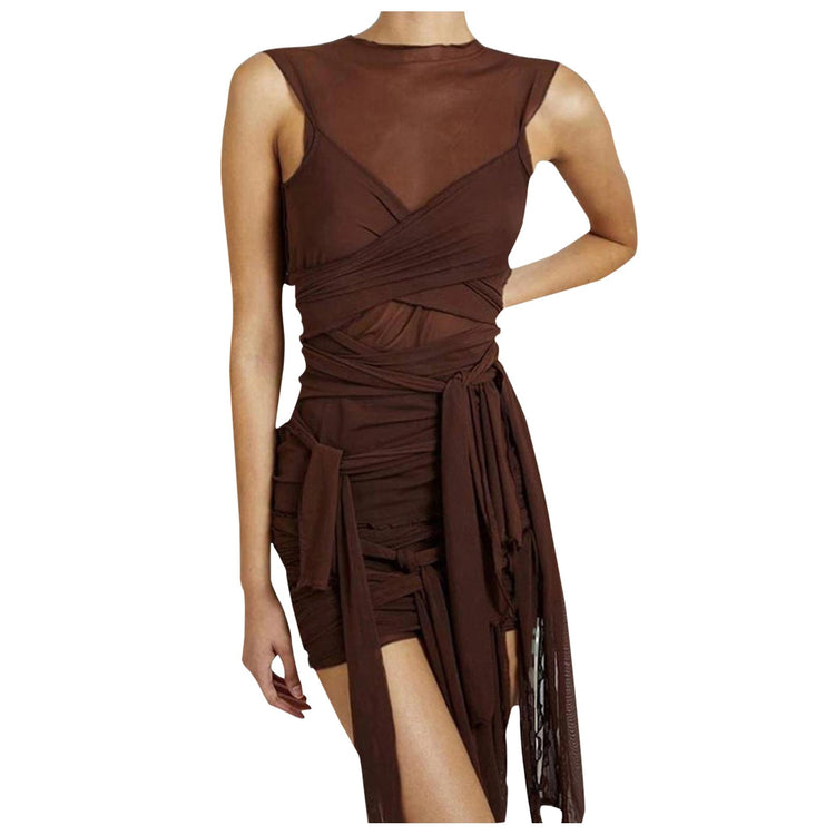 Women’s Ribbons Mesh Sexy Summer Clothes For Women Clubwear Mini Summer Dress Solid Sleeveless Hip Bodycon Dress#g36