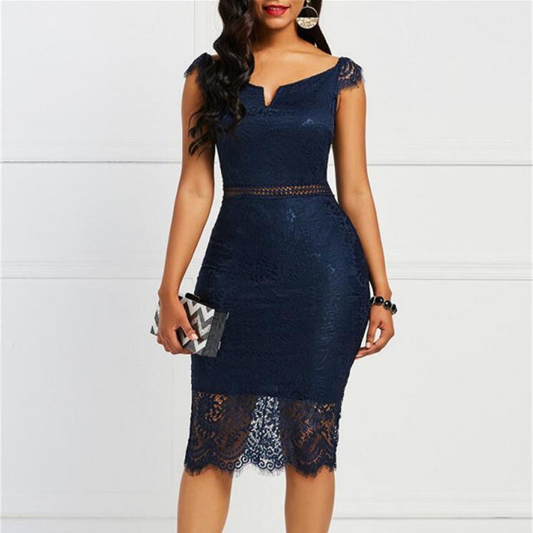 Female V-neck Bodycon Off-shoulder Short Sleeve Zipper Lace Hollow Out Dress