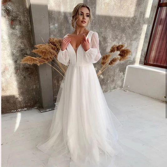 LUXIYIAO LO106 Wedding Dress платье Vestidos De Novia Beach Wedding Party Dress Robe De Soiree Bride To Be Puffy Long Sleeves
