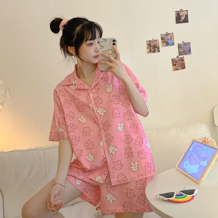 Women's Sleepwear Cute Cartoon Print Short Set Pajamas for Women Pajama Set Sweet Short Sleeve T Shirts & Shorts Summer Pijama
