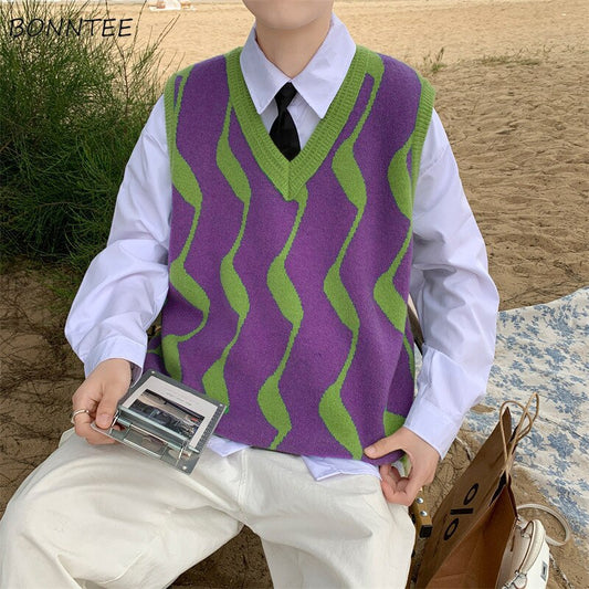 Sleeveless Sweater Vest Women Striped Patchwork Retro V-neck Spring Autumn Ins Chic Purple Outwear Students Knitwear Ulzzang New