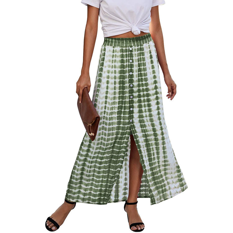 Female Short Skirt, Tie-Dye Print Elastic High Waist South Billy Skirt Button Summer And Autumn, Red/Green/Blue