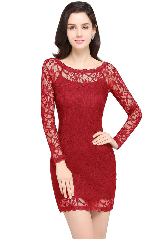 Cheap Short Evening Dress Red Black Blue Lace Evening Dresses Elegant Mermaid Party Formal Dress Long Sleeves Sheath Prom Gown