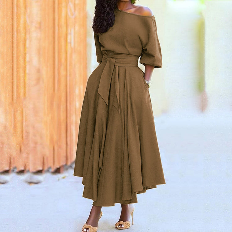 Women's Dresses Off Shoulder Irregular Hem Casual A-Line Maxi Dress With Belt Summer Beach Sundress Vestidos Plus Size D9#