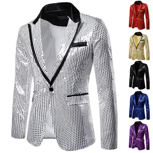 Mens Sequins Patchwork Suit Blazer Jacket 2019 Brand New Male Slim DJ Clubwear Stage One Button Blazer Man Formal Wedding