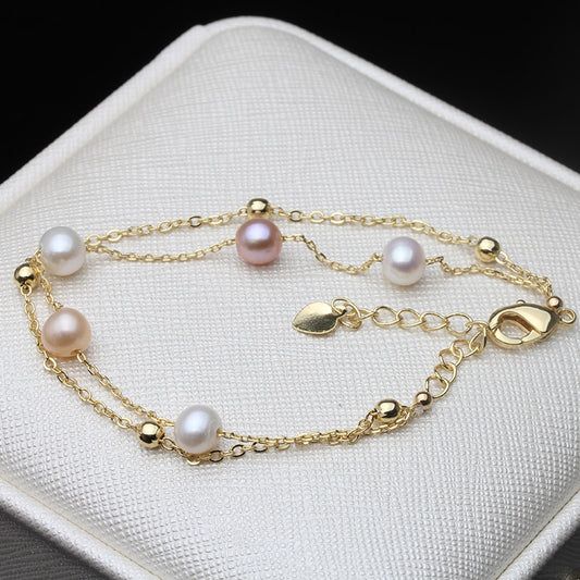 Wedding Silver 925 Classic Bracelet Jewelry Double Natural Freshwater Pearl Bracelets For Women Birthday Gift