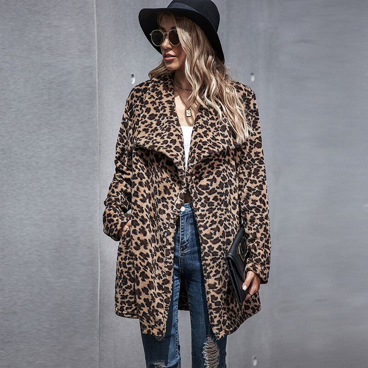 2021 Thick Winter Women Casual Elegant  Fur Leopard Jacket Warm Cardigan Female Plush Coats Sweatshirt Outerwear Overcoat